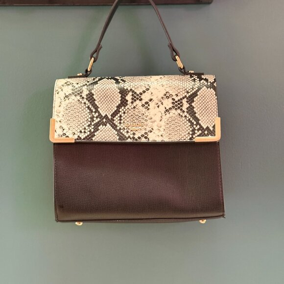 DUNE LONDON Snake Print Flap Bag | Black | Gold V-Clasp - Picture 6 of 15